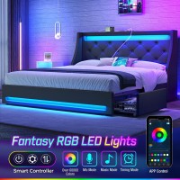 Rolanstar Full Bed Frame With Led Lights And Charging Station, Pu Leather Bed With Drawers, Wooden Slats, Noise Free, Easy Assembly, Black