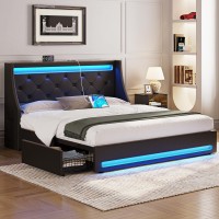 Rolanstar Queen Bed Frame With Led Lights And Charging Station, Pu Leather Bed With Drawers, Wooden Slats, Noise Free, Easy Assembly, Black