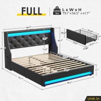 Rolanstar Queen Bed Frame With Led Lights And Charging Station, Pu Leather Bed With Drawers, Wooden Slats, Noise Free, Easy Assembly, Black