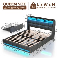 Rolanstar Queen Size Bed Frame With Led Lights And Charging Station, Upholstered Bed Storage Headboard & Drawers, Heavy Duty Wood Slats, Easy Assembly