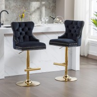 Goolon Bar Stools Set Of 2, Velvet Tufted Barstools, Swivel Counter Chairs With Diamond Lattice Back, Height Adjustable Seat With Rivet Trim Metal Pull Ring Golden Base For Kitchen Island, Black