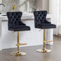 Goolon Bar Stools Set Of 2, Velvet Tufted Barstools, Swivel Counter Chairs With Diamond Lattice Back, Height Adjustable Seat With Rivet Trim Metal Pull Ring Golden Base For Kitchen Island, Black