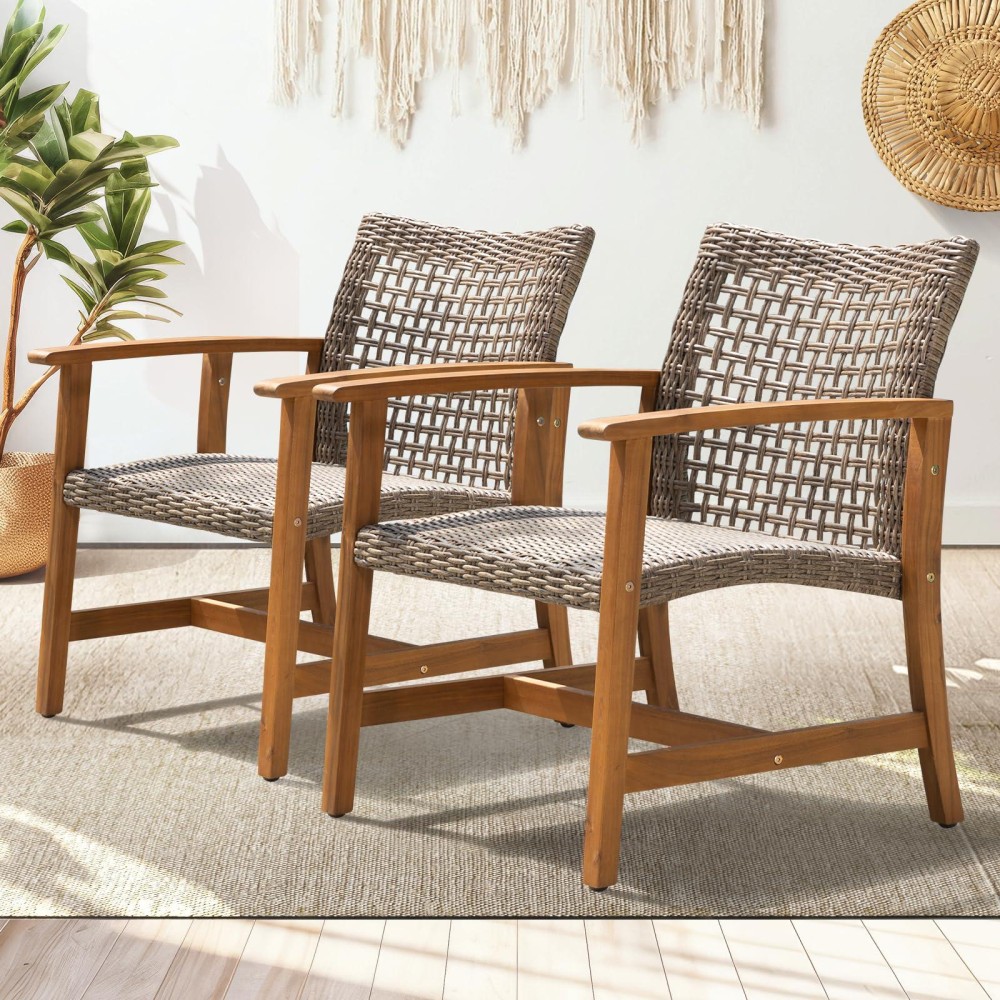 Idzo Liberte Accent Chairs Set Of 2 500Lbs Weight Support Acacia Wood Fsc Teak Finish Uv Protected Dynamic Gray Wicker Ide