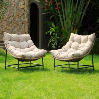 Idzo Caline Large Rattan Outdoor Papasan Chair Set Of 2 Premium Olefin Thick Cushion Upgraded 2000Hrs Uv Resistant Wicker 500