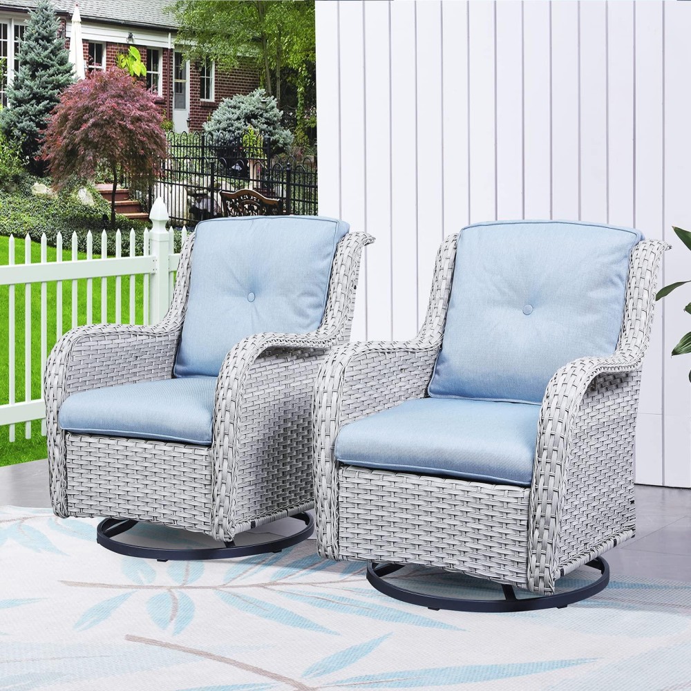 Hummuh Outdoor Swivel Rocker Wicker Patio Chairs Set Of 2 Rattan Rocking Chair Furniture Setlight Grey Light Blue