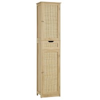 Iwell Tall Bathroom Cabinet With Doors Rattan Storage Cabinet With Adjustable Shelves Freestanding Narrow Linen Cabinet For Li