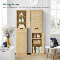 Iwell Tall Bathroom Cabinet With Doors Rattan Storage Cabinet With Adjustable Shelves Freestanding Narrow Linen Cabinet For Li