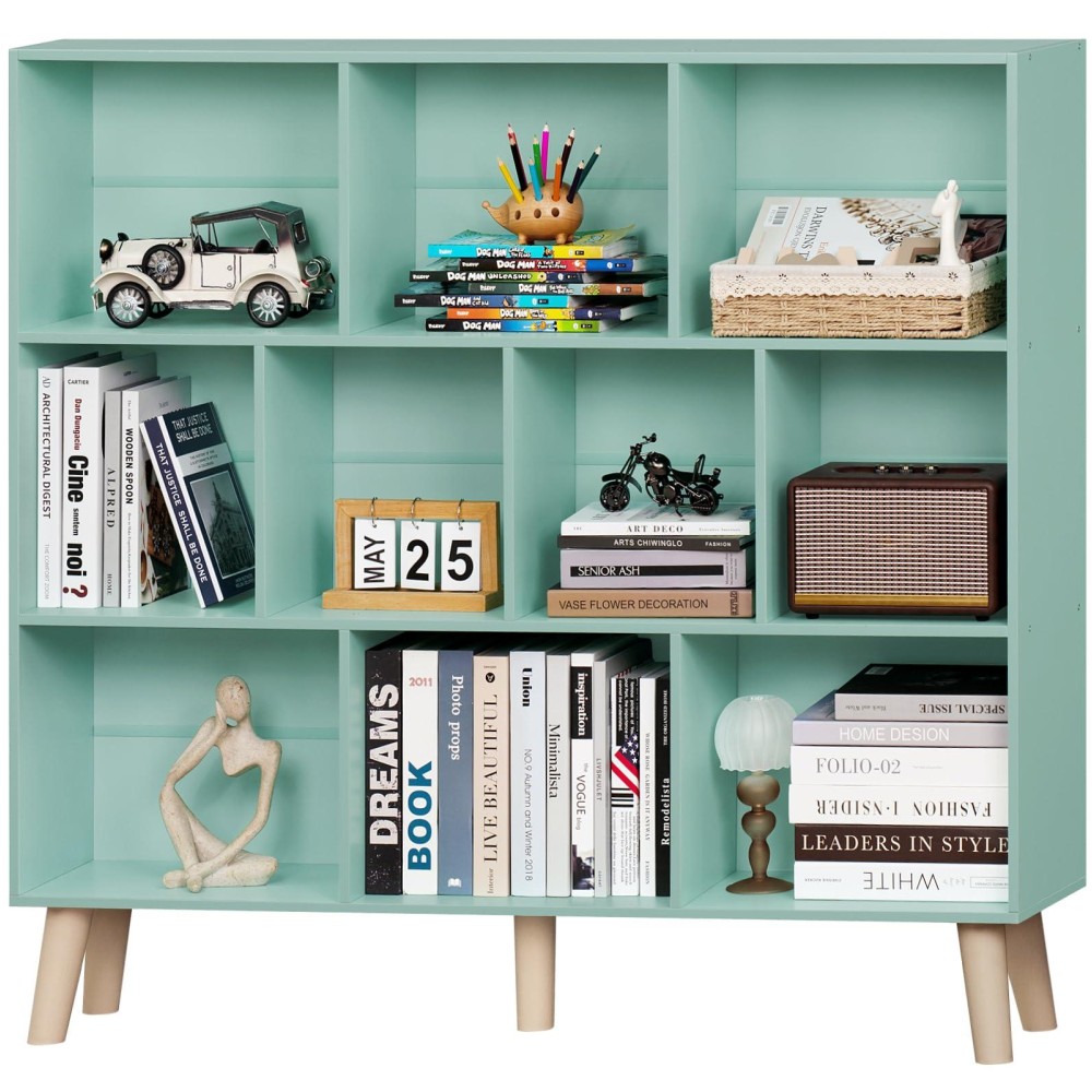 Leyaoyao 10 Cube Bookshelf 3 Tier Modern Wide Bookcase With Legs Midcentury Wood Bookshelves Storage Mintgreen Large Book Case