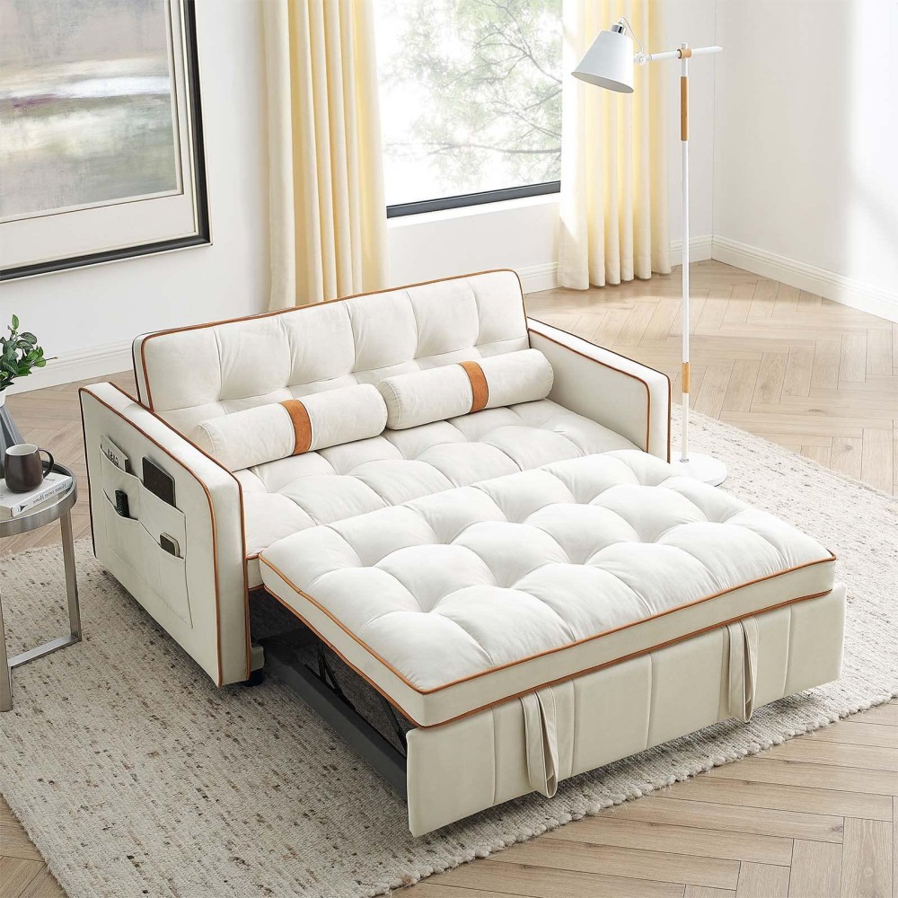 JEEOHEY Sleeper Sofa Couch w/Pull Out Bed, 55.5 New Upgraded Tufted Velvet Convertible Sleeper Sofa Bed, Small Love seat Sofa Bed w/ 2 Pillows for Small Space, Living Room, Apartment, Beige