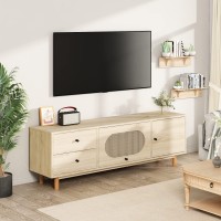 Lamerge Boho TV Stand with Rattan Door, Modern Entertainment Center for 70 Inch TV, Media Console Table with Cabinet Storage and 2 Drawers, Farmhouse TV Cabinet for Living Room, Bedroom, Oak