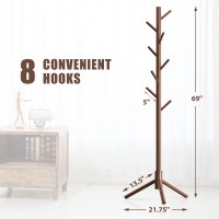 Haddockway Wooden Coat Rack Stand With 8 Hooks New Zealand Pine 3 Adjustable Coat Standing Tree Easy Assembly For Coats Hats S