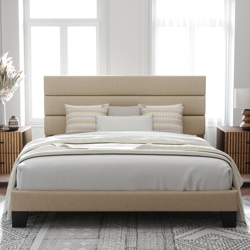 Allewie King Size Platform Bed Frame With Fabric Upholstered Headboard And Wooden Slats Support Fully Upholstered Mattress Foun