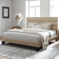 Allewie King Size Platform Bed Frame With Fabric Upholstered Headboard And Wooden Slats Support Fully Upholstered Mattress Foun