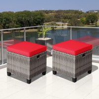 Oralner Set Of 2 Outdoor Ottoman, 16??Wicker Foot Stools, All-Weather Rattan Cube Footstool W/Removable Cushions, Square Footrest Extra Seating For Patio, Porch, Deck, Easy Assembly (Red)