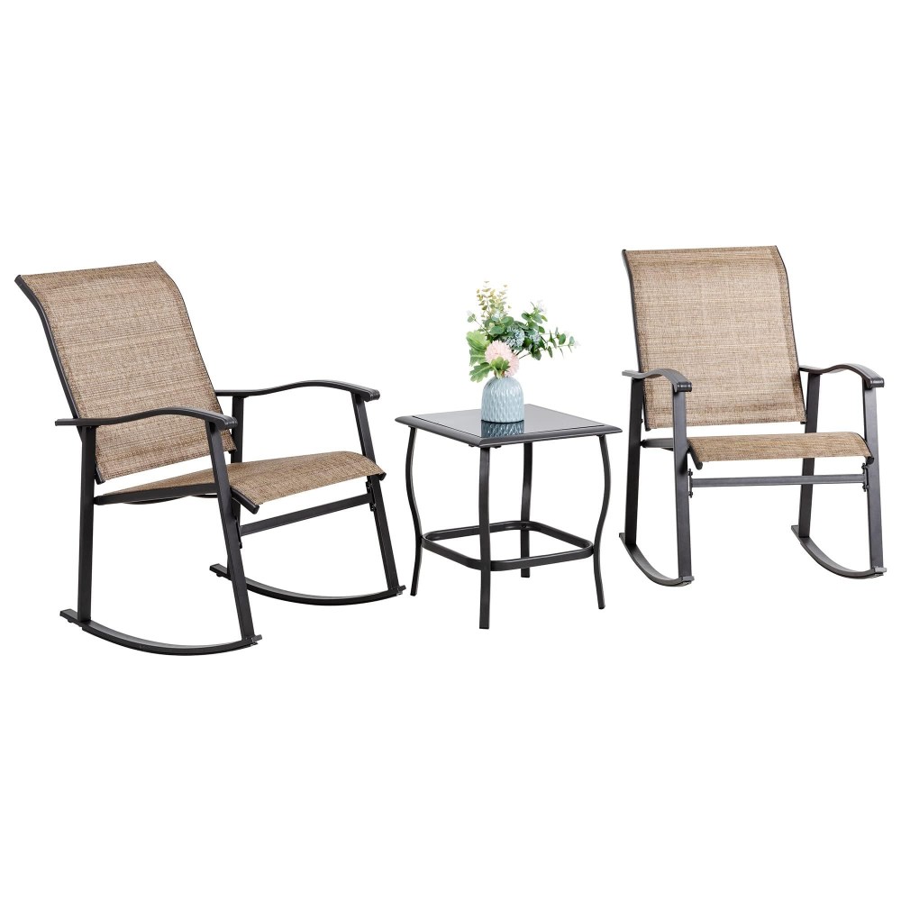 Vongrasig 3 Piece Outdoor Rocking Bistro Set Textilene Fabric Small Patio Furniture Set Front Porch Rocker Chairs Conversation