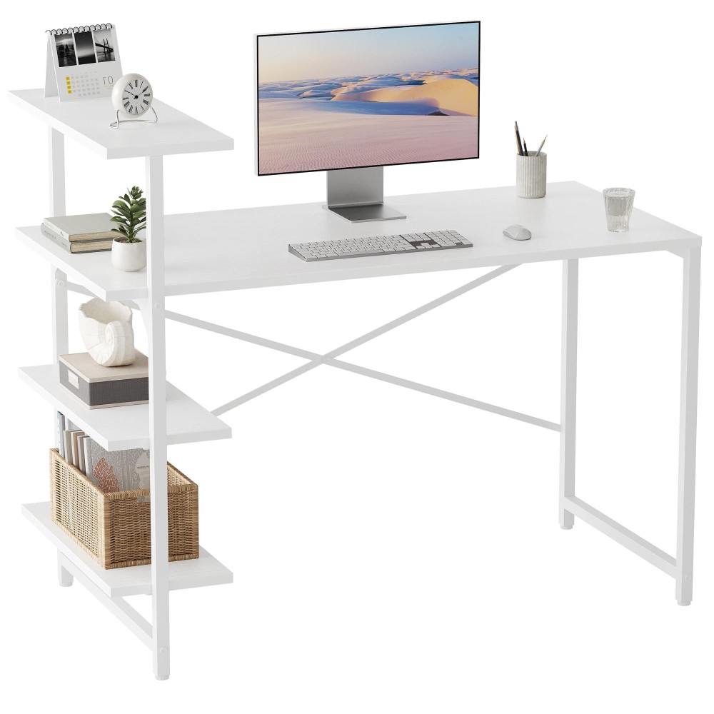 Cubicubi Small Computer Desk With Storage Shelves, 40 Inch Home Office Desk Study Writing Table For Small Space, White
