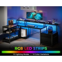 Odk L Shaped Desk With File Drawer 66 Reversible L Shaped Computer Desk With Power Outlet Led Strip Home Office Desk With