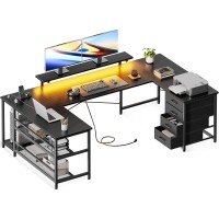 Odk U Shaped Desk With Power Outlets Led Strip Monitor Stand 66 Reversible L Shaped Desk With Drawers And Storage Shelf