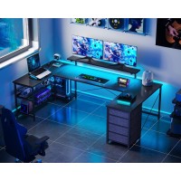 Odk U Shaped Desk With Power Outlets Led Strip Monitor Stand 66 Reversible L Shaped Desk With Drawers And Storage Shelf