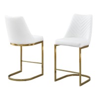 White faux leather counter height chairs with gold chrome base Set of 2