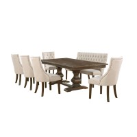 7pc dining set Expandable dinging table with 5 upholstered beige side chairs and 1 matching side bench