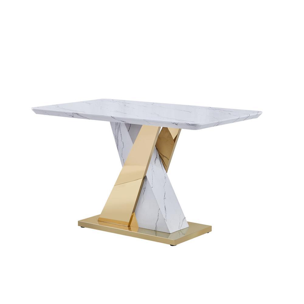 White faux marble with gold color crossed base counter height dining table