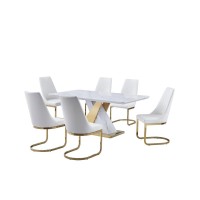 7pc White faux marble set with 6 white faux leather chairs