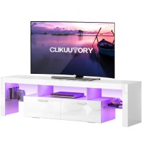 Clikuutory Modern Led 70 Inch Long Tv Stand With Storage Drawer For 50 55 60 65 70 75 80 Inch Tvs, White Wood Tv Console With High Glossy Entertainment Center For Gaming, Living Room, Bedroom