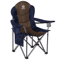 Huezoe Outdoor Padded Camping Chair With Lumbar Back Support, Oversized Heavy Duty Lawn Chair Folding Quad Arm Chair With Cooler Bag, Cup Holder & Side Pocket, Supports 400Lbs, Brown