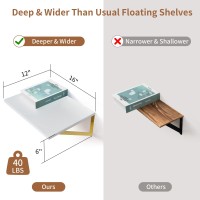 Axeman Deep Floating Shelves For Wall 12 Inch Deep White And Gold Shelves Set Of 2 16W X 12D White Wood Wall Shelves With Gold