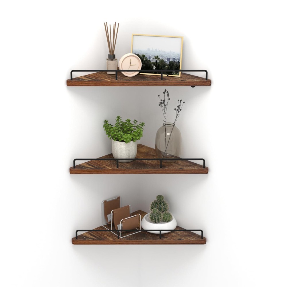 Horlimer Floating Corner Shelf Wall Mount Set Of 3 Rustic Triangle Wood Corner Wall Shelves With Fence For Bedroom Living Room