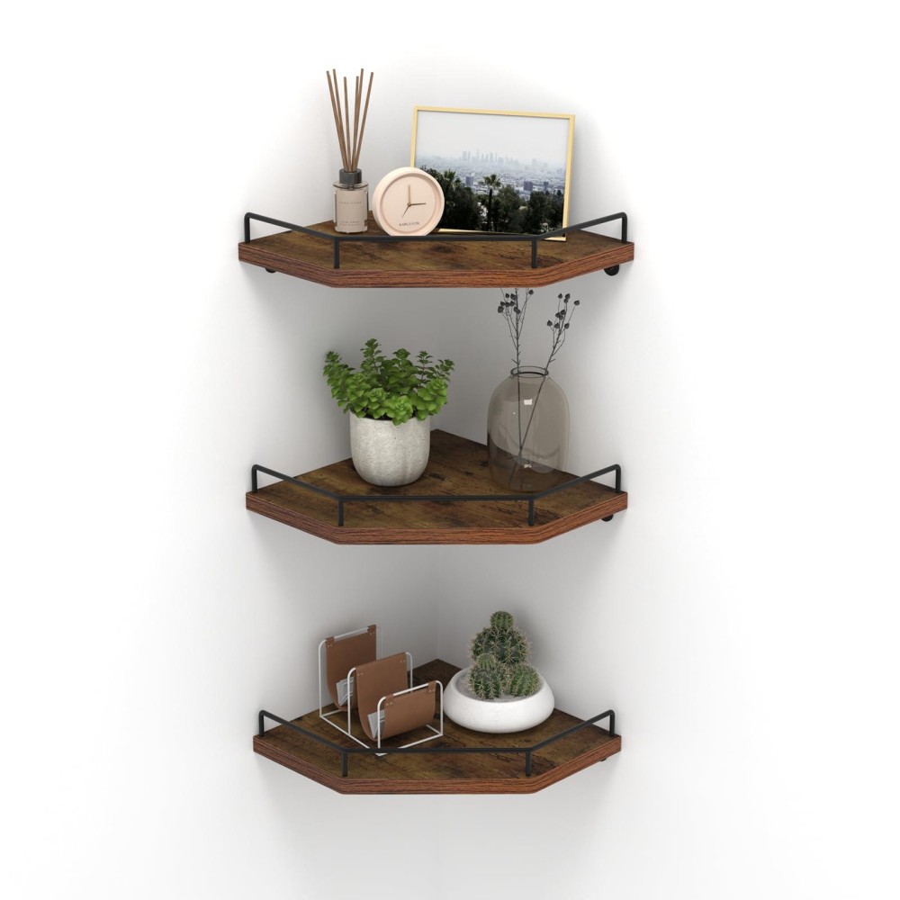 Horlimer Floating Corner Shelf Wall Mount 3 Pack Rustic Wood Corner Wall Shelves With Fence For Bedroom Bathroom Kitchen Liv