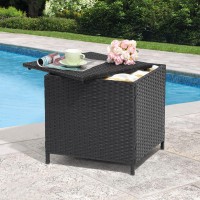 Verano Garden Outdoor Wicker Side Table  Small Storage Rattan Wicker End Table  Square Resin Coffee Table For Garden Porch Deck Living Room Backyard (Black)