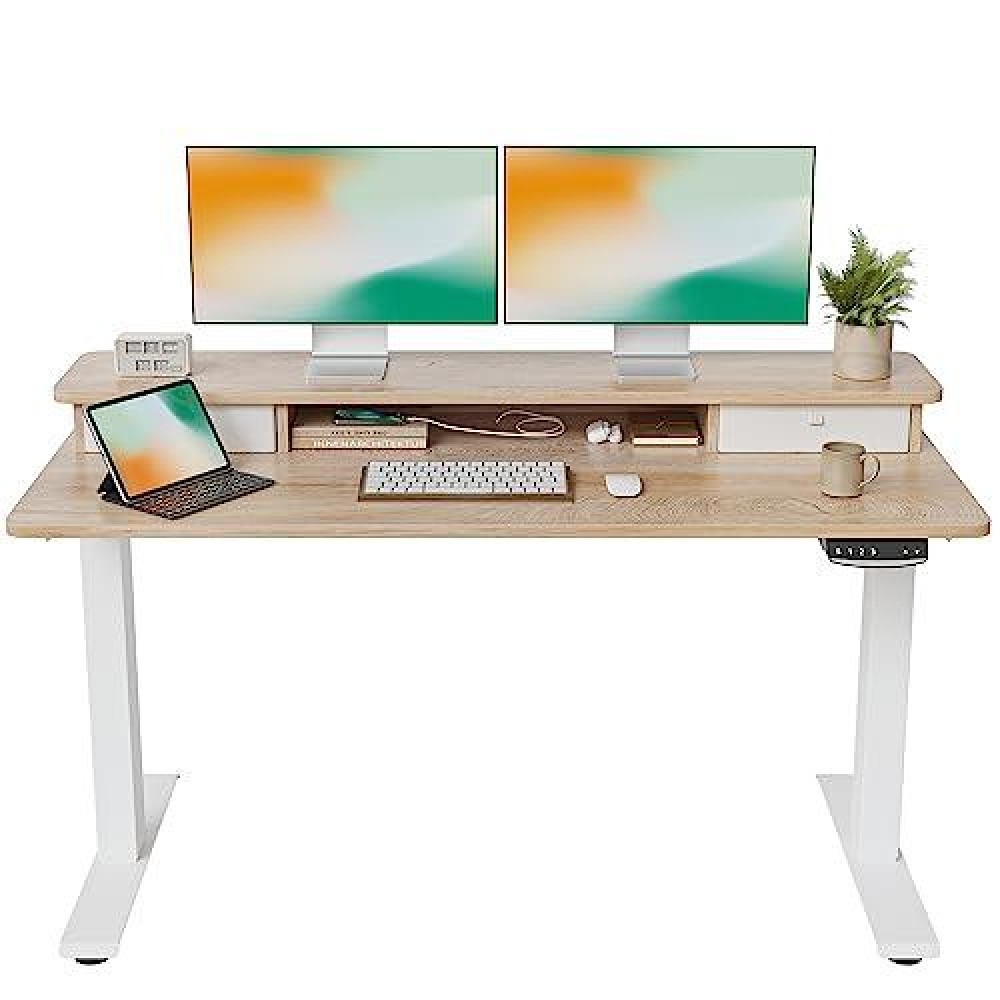 Fezibo 55 X 24 Inch Electric Standing Desk With 2 Drawer, Height Adjustable Stand Up With Storage, Sit Stand Desk With Monitor Stand, White Frame/Maple