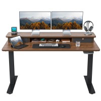 Fezibo 55 X 24 Inch Electric Standing Desk With 2 Drawer, Height Adjustable Stand Up With Storage, Sit Stand Desk With Monitor Stand, Black Frame/Black Walnut