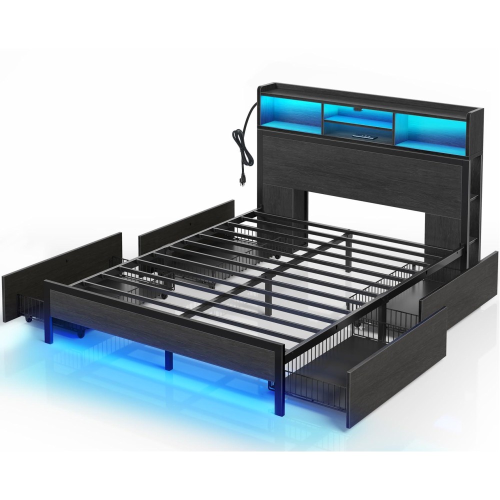 Rolanstar Full Bed Frame With Storage Headboard, Metal Platform Bed With Charging Station, Led, 4 Drawers, Bookcase Storage, No Box Spring Needed, Easy Assembly, Noise-Free, Black