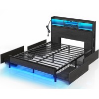 Rolanstar Full Bed Frame With Storage Headboard, Metal Platform Bed With Charging Station, Led, 4 Drawers, Bookcase Storage, No Box Spring Needed, Easy Assembly, Noise-Free, Black