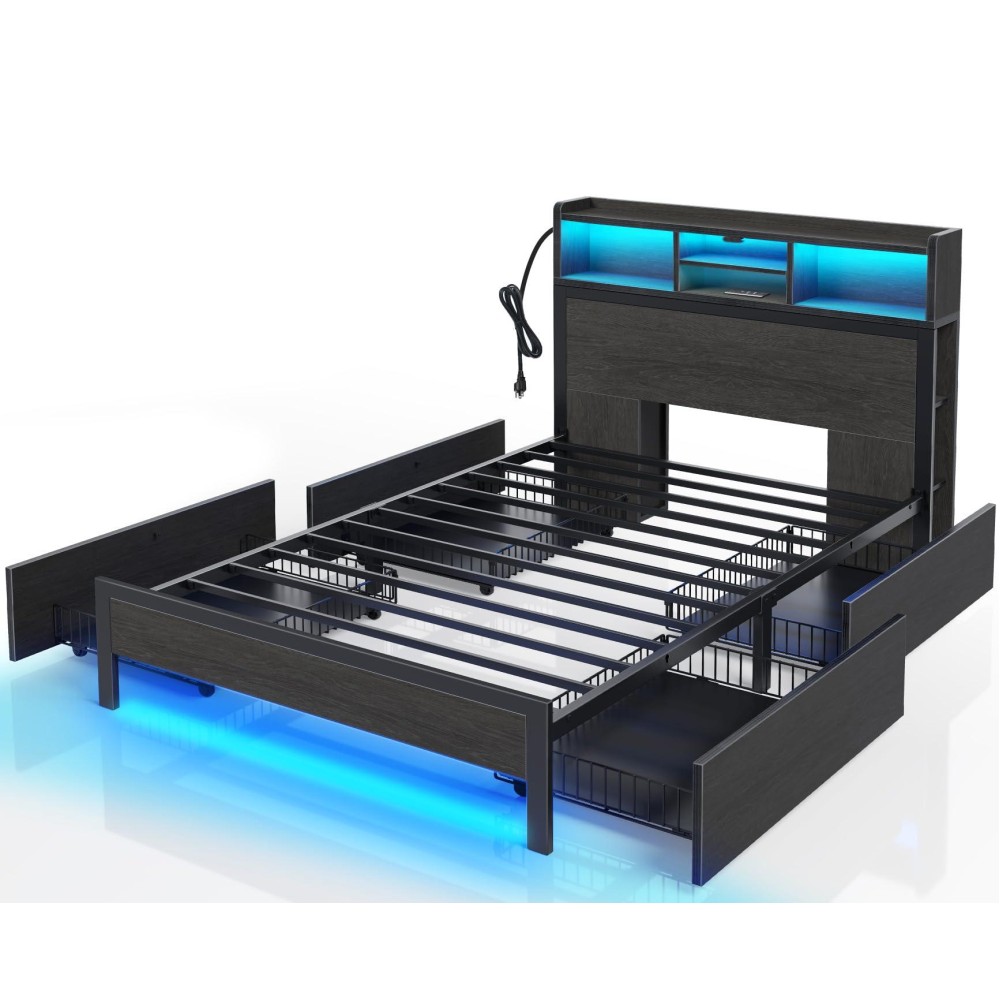 Rolanstar Twin Bed Frame With Storage Headboard, Metal Platform Bed With Charging Station, Led Bed Frame With 4 Drawers, Bookcase Storage, No Box Spring Needed, Easy Assembly, Noise-Free, Black