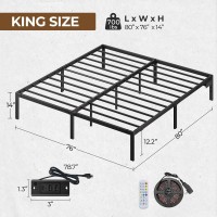 Rolanstar Bed Frame With Usb Charging Station, King Bed Frame With Led Lights, Platform Bed Frame With Heavy Duty Steel Slats, 14