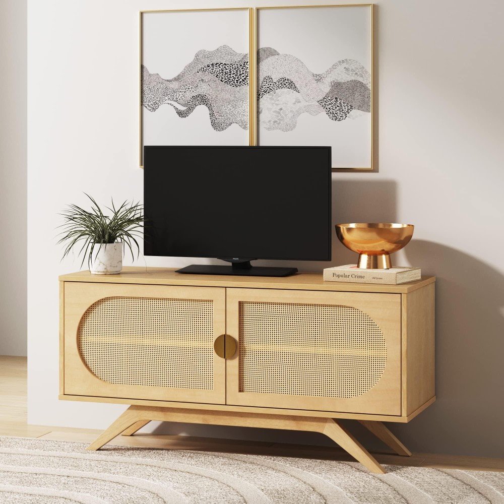 Nathan James Logan Modern Rattan TV Stand Entertainment Cabinet, Console Wood Finish and Matte Accents with Storage Doors for Living Media Room, Natural Brown