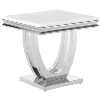 Spacious tabletop keeps lamps and essentials close by in a living room seating areaA faux marble design comes through in the white engineered stone tabletop, creating a clean contemporary flairAn open pedestal base with a flush bottom offers sweeping eleg