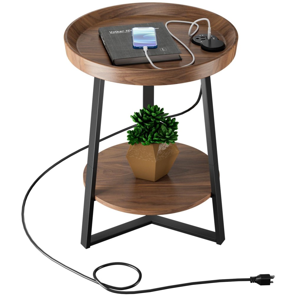 Gadroad Round End Table With Charging Station, Usb Ports, Wood Tabletop & Black Metal Frame, 2-Tier Side Table For Living Room, Bedroom, Brown 15.7 * 15.7 * 23.6Inches