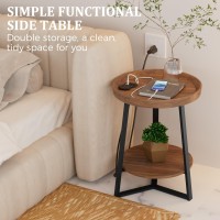 Gadroad Round End Table With Charging Station, Usb Ports, Wood Tabletop & Black Metal Frame, 2-Tier Side Table For Living Room, Bedroom, Brown 15.7 * 15.7 * 23.6Inches