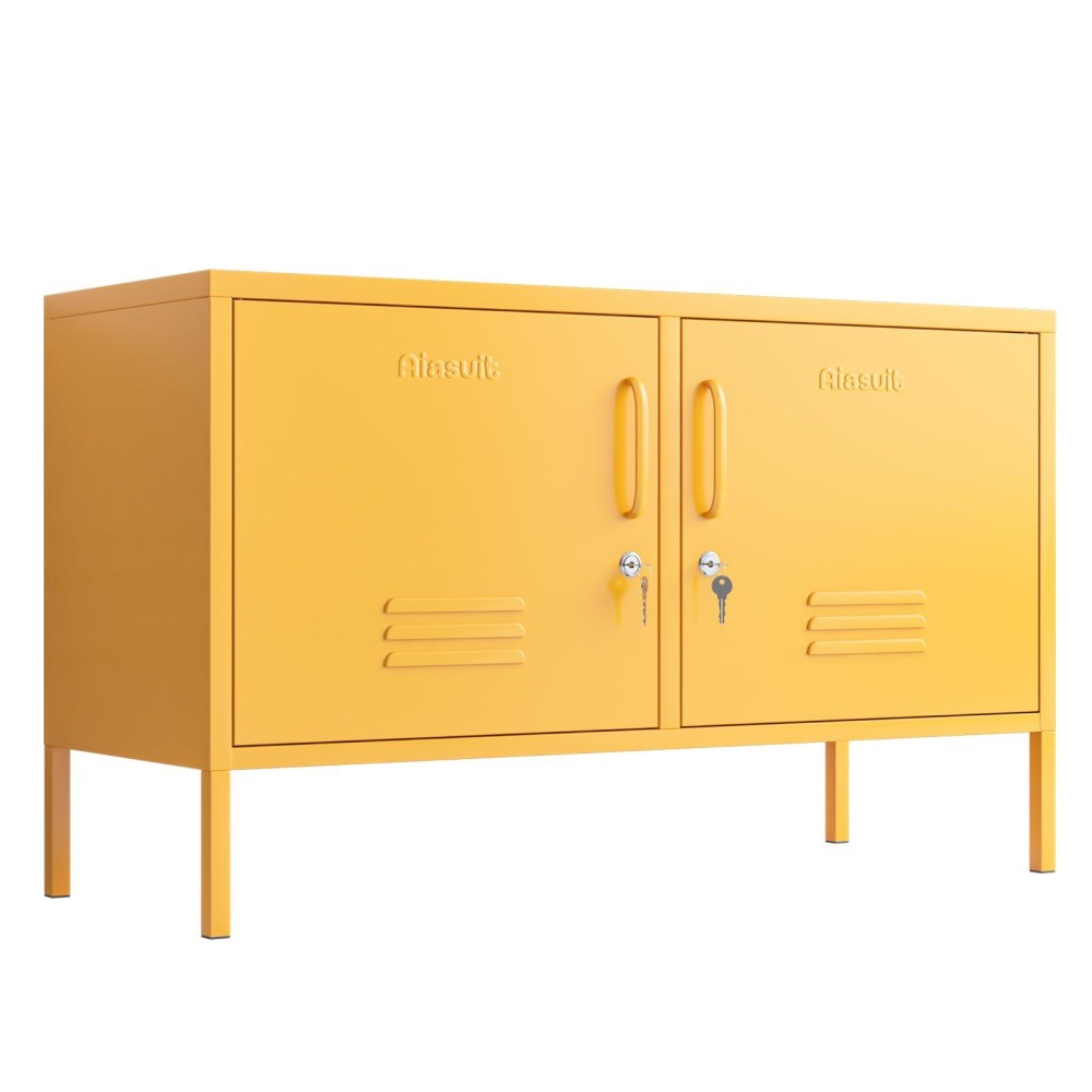 Aiasuit Metal Storage Cabinet Adjustable Shelf Storage Cabinet Laundry Room Or Utility Room Storage Cabinet 2 Tiers Large Space For Books Clothes Yellow Size: 23.62?? X 39.37?? X 14.96??