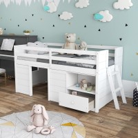 Giantex Twin Low Loft Bed With Storage, Solid Wood House Loft Bed With Drawer & Activity Center, Twin Bed Frame For Kids Boys & Girls With Integrated Ladder & Guardrails, No Box Spring Needed, White
