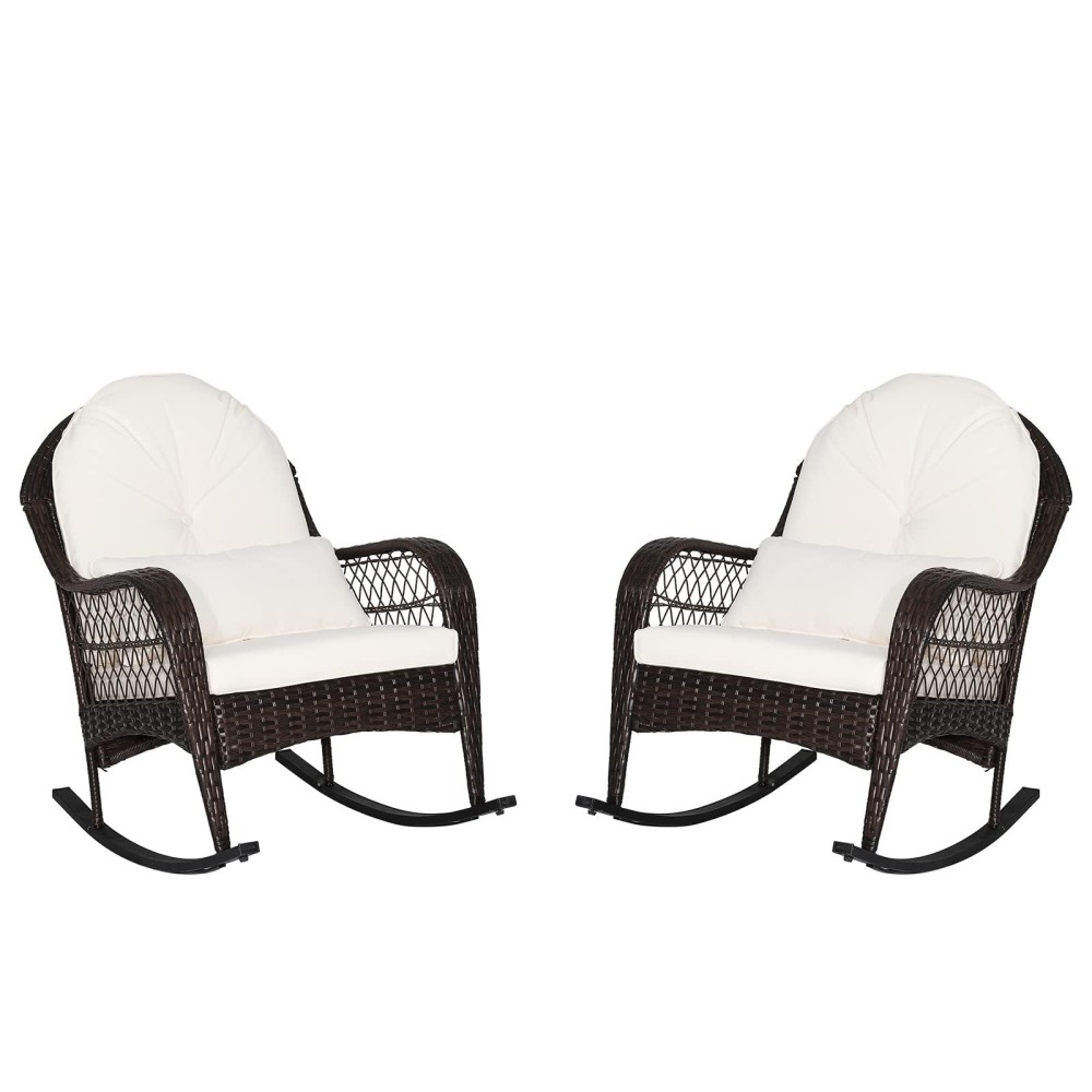 Oralner Patio Wicker Rocking Chair, Outdoor Pe Rattan Rocker With Seat And Back Cushion, Waist Pillow, Armrests, Garden Chair For Porch, Backyard, Poolside, Deck (2, Off White)