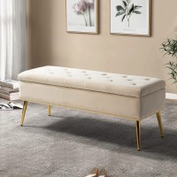 Hulala Home Modern Velvet Storage Ottoman Bench With Gold Base & Nailhead Trim, Upholstered Bedroom Bench For End Of Bed, Button-Tufted Footstool For Entryway Living Room Dining Room, Tan