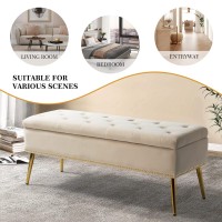 Hulala Home Modern Velvet Storage Ottoman Bench With Gold Base & Nailhead Trim, Upholstered Bedroom Bench For End Of Bed, Button-Tufted Footstool For Entryway Living Room Dining Room, Tan