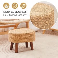 Cpintltr Pouf Ottoman Natural Water Hyacinth Footrest Pouffe Hand Weave Seagrass Boho Ottomans Footstool With Non-Skid Pine Legs For Bedroom Living Room Patio Natural
