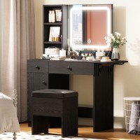 Ironck Vanity Desk With Led Lighted Mirror & Power Outlet, Makeup Table With Drawers & Cabinet,Storage Stool,For Bedroom, Black